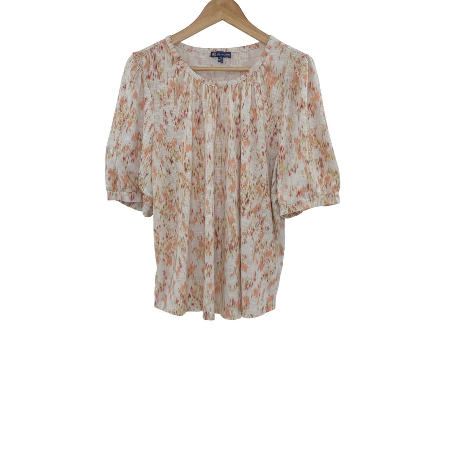 Democracy Womens 2x Blouse Top White Abstract Print Puff Sleeve Gathered Neck